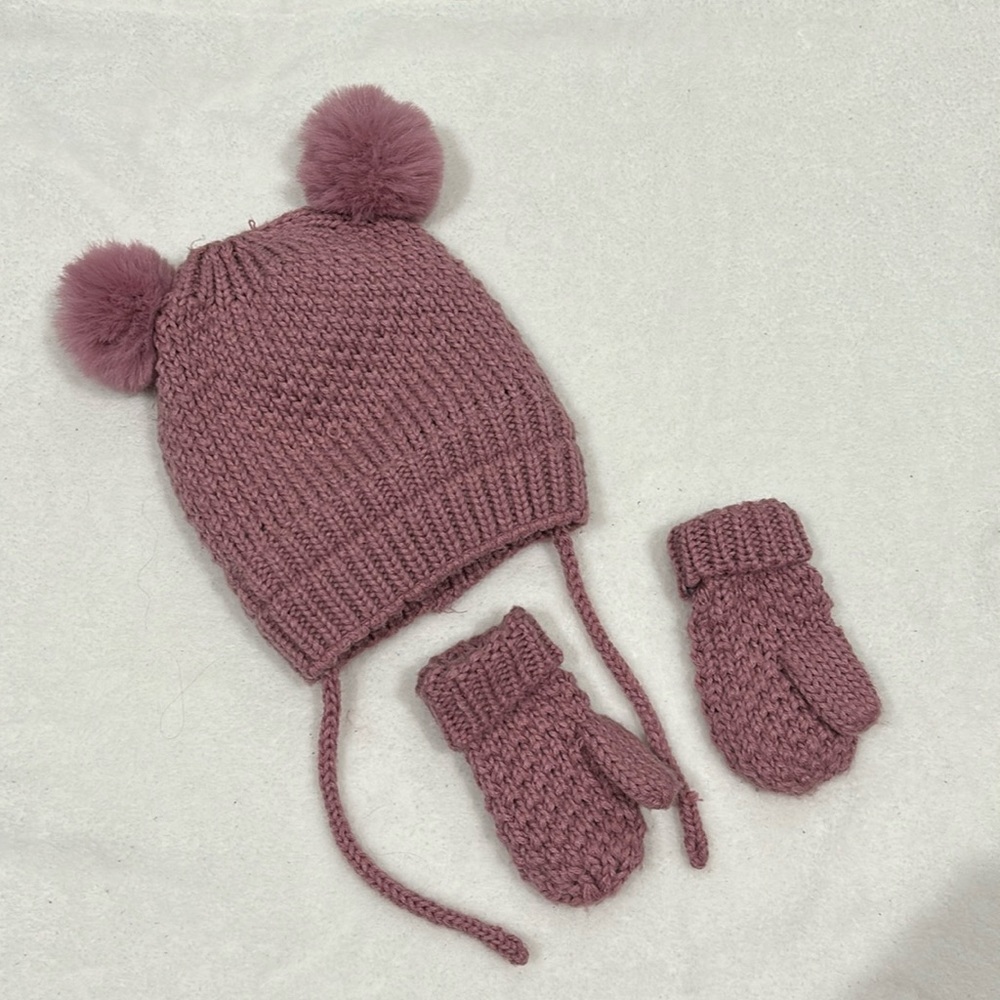 Zara Kids Hat Mittens Bundle Toddler Girl 1-3 year Dusty Pink Knit Pompom